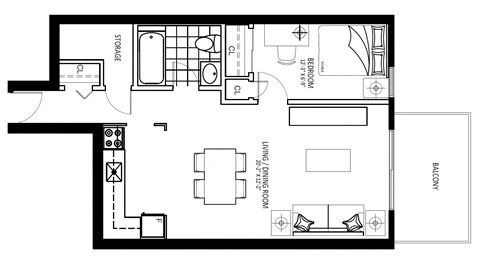 Floor plan for 1 bed, 1 bath, 680 sqft