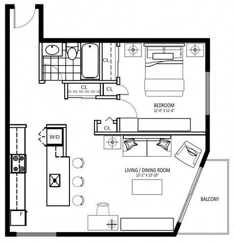 Floor plan for 1 bed, 1 bath, 711 sqft