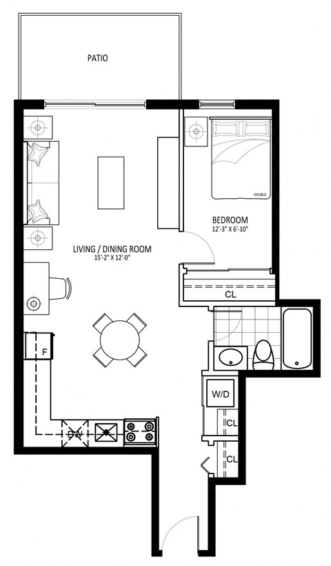 Floor plan for 1 bed, 1 bath, 650 sqft