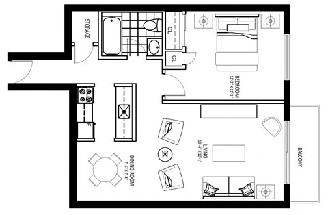 Floor plan for 1 bed, 1 bath