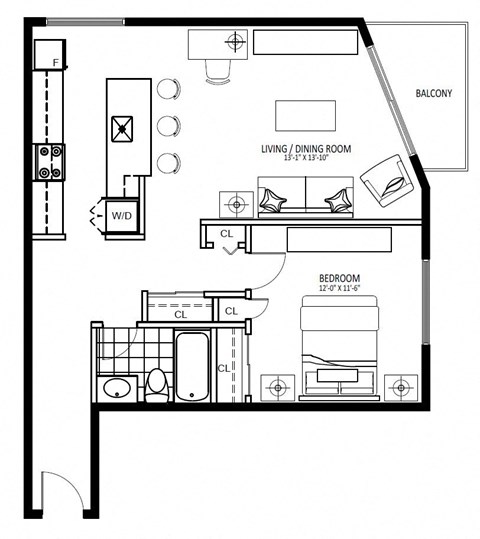 Floor plan for 1 bed, 1 bath, 723 sqft