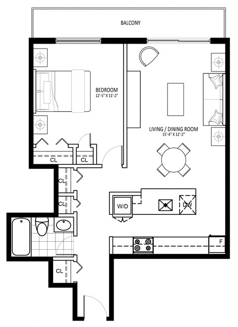 Floor plan for 1 bed, 1 bath, 693 sqft