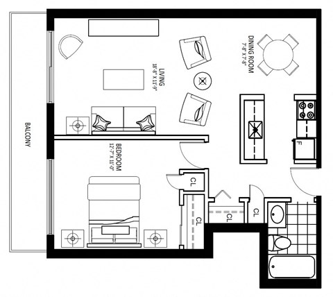 Floor plan for 1 bed, 1 bath