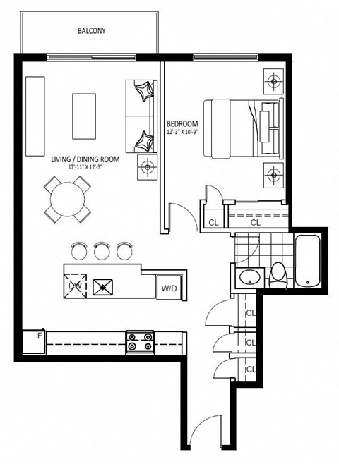 Floor plan for 1 bed, 1 bath, 757 sqft