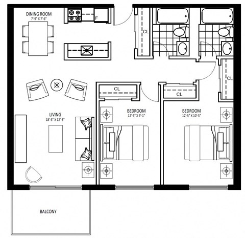 Floor plan for 2 beds, 2 baths