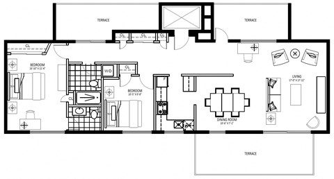 Floor plan for 2 beds, 1.5 baths, 1060 sqft