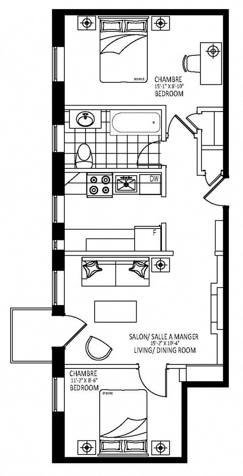 Floor plan for 2 beds, 1 bath, 675 sqft
