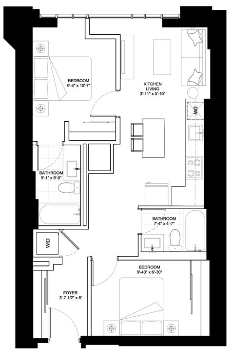 Floor plan for 2 beds, 2 baths, 865 sqft