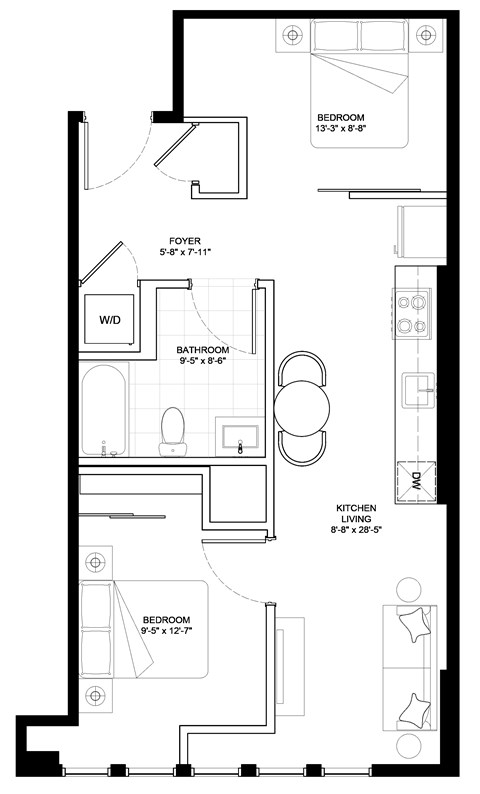 Floor plan for 2 beds, 1 bath, 793 sqft