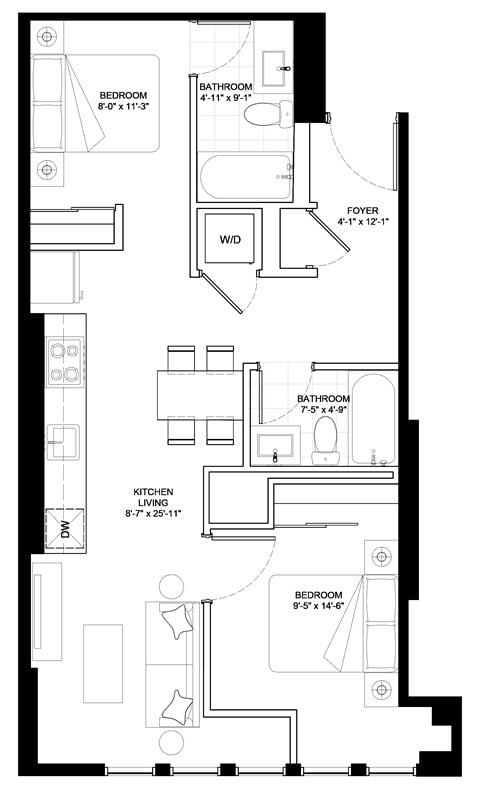 Floor plan for 2 beds, 2 baths, 800 sqft