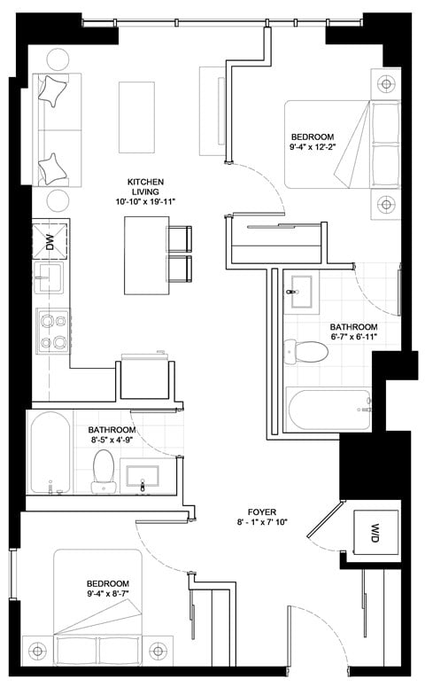 Floor plan for 2 beds, 2 baths, 865 sqft