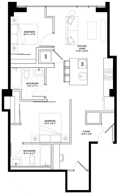 Floor plan for 2 beds, 2 baths, 850 sqft