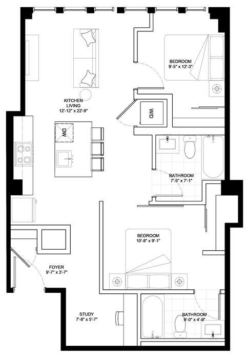 Floor plan for 2 beds, 2 baths, 830 sqft