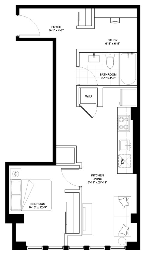 Floor plan for 1 bed, 1 bath, 654 sqft