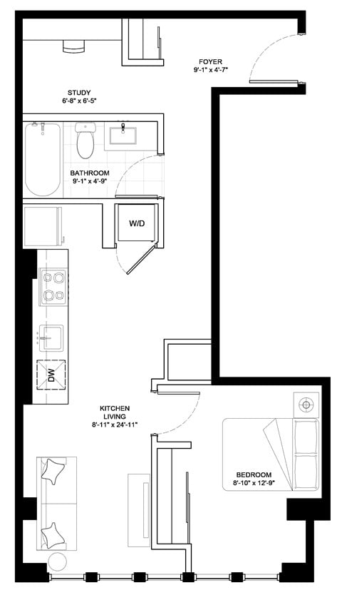 Floor plan for 1 bed, 1 bath