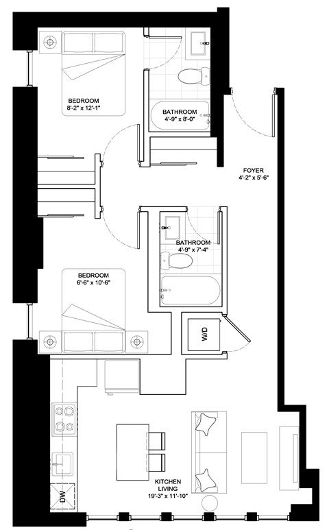 Floor plan for 2 beds, 2 baths, 808 sqft