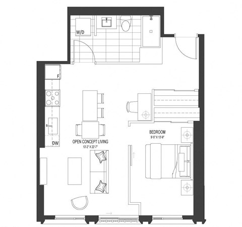 Floor plan for 1 bed, 1 bath, 708 sqft