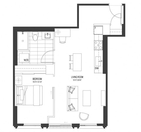 Floor plan for 1 bed, 1 bath, 691 sqft