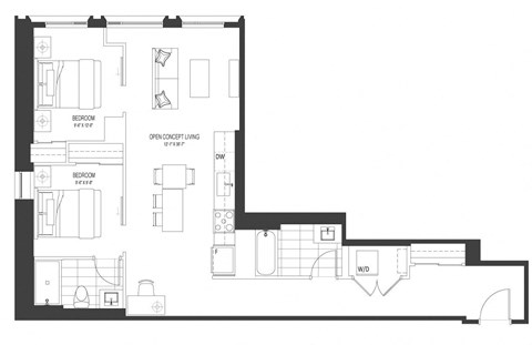 Floor plan for 2 beds, 2 baths, 1042 sqft