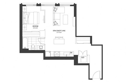 Floor plan for 1 bed, 1 bath, 682 sqft
