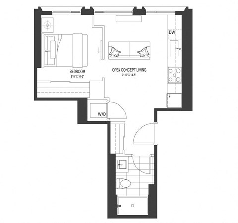 Floor plan for 1 bed, 1 bath, 499 sqft