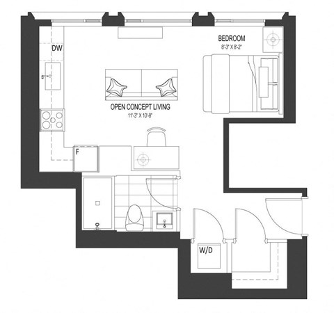 Floor plan for studio, 1 bath, 499 sqft