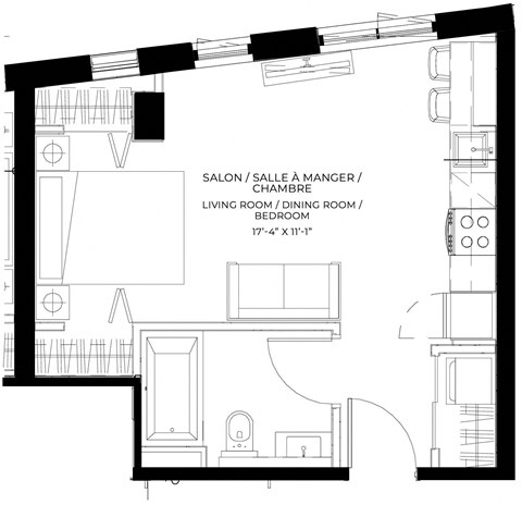 Floor plan for studio, 1 bath, 391 sqft