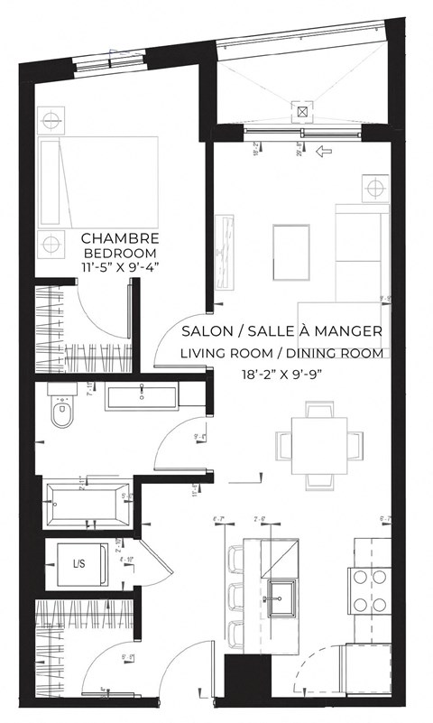 Floor plan for 1 bed, 1 bath