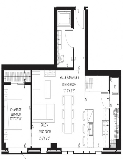Floor plan for 1 bed, 1 bath, 710 sqft
