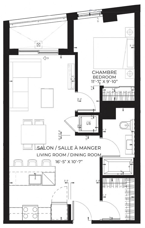 Floor plan for 1 bed, 1 bath, 645 sqft