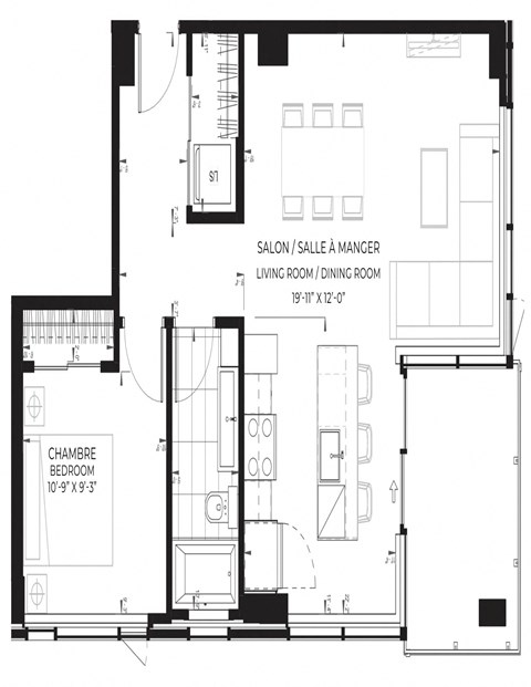 Floor plan for 1 bed, 1 bath