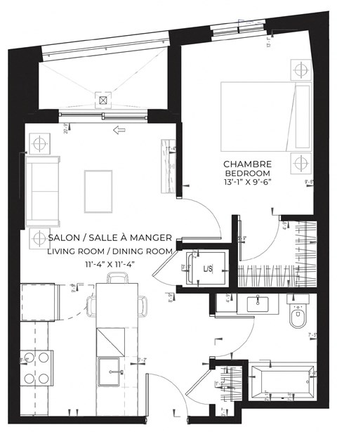 Floor plan for 1 bed, 1 bath, 566 sqft