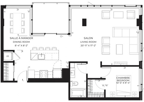 Floor plan for 1 bed, 1 bath