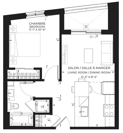 Floor plan for 1 bed, 1 bath, 545 sqft