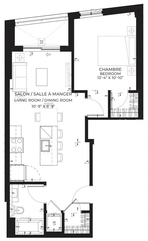 Floor plan for 1 bed, 1 bath, 659 sqft