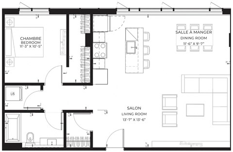 Floor plan for 1 bed, 1 bath, 503 sqft