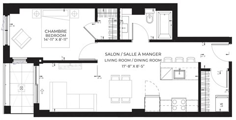 Floor plan for 1 bed, 1 bath, 639 sqft