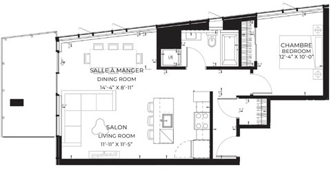 Floor plan for 1 bed, 1 bath, 444 sqft