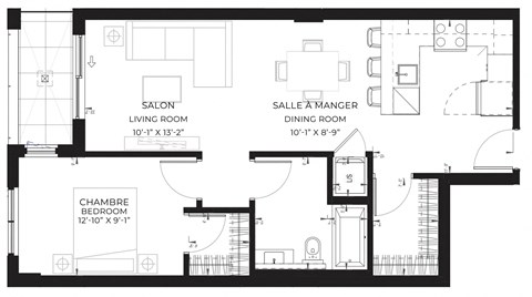 Floor plan for 1 bed, 1 bath, 723 sqft
