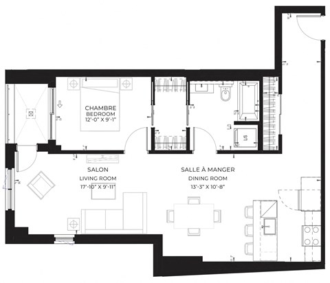 Floor plan for 1 bed, 1 bath, 909 sqft