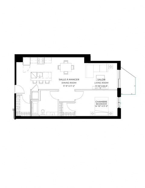 Floor plan for 1 bed, 1 bath, 814 sqft