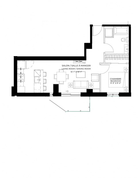 Floor plan for 1 bed, 1 bath, 601 sqft
