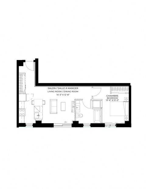 Floor plan for 1 bed, 1 bath, 648 sqft