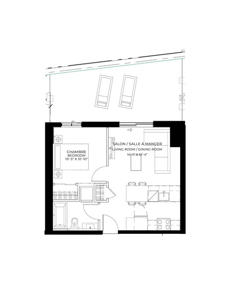 Floor plan for 1 bed, 1 bath, 526 sqft