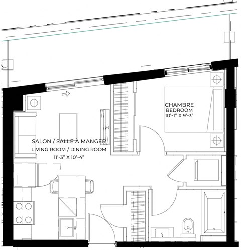 Floor plan for 1 bed, 1 bath, 474 sqft