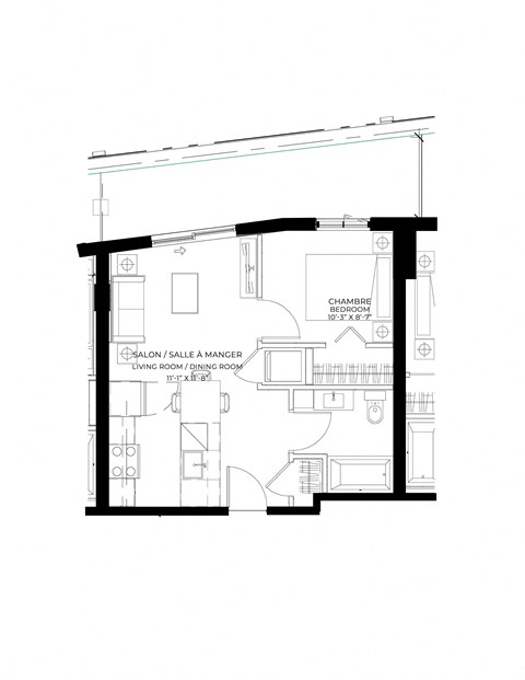 Floor plan for 1 bed, 1 bath, 459 sqft