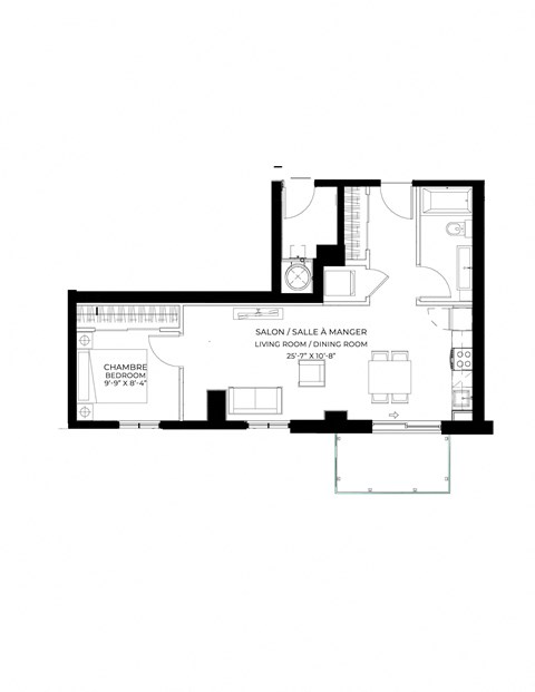Floor plan for 1 bed, 1 bath