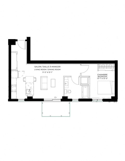 Floor plan for 1 bed, 1 bath