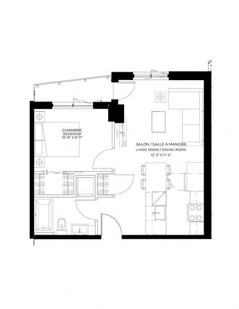 Floor plan for 1 bed, 1 bath, 560 sqft