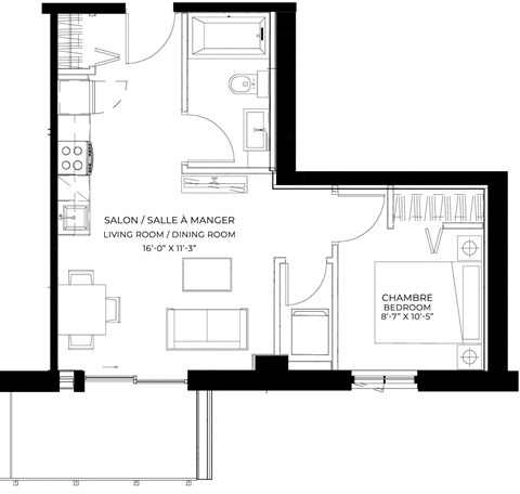 Floor plan for 1 bed, 1 bath, 503 sqft